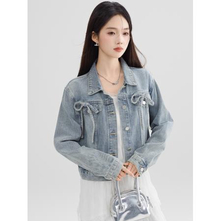 FA53996# 蓝色蝴蝶结牛仔短外套女春秋款设计感百搭上衣夹克 服裝批發女裝批發服飾貨源