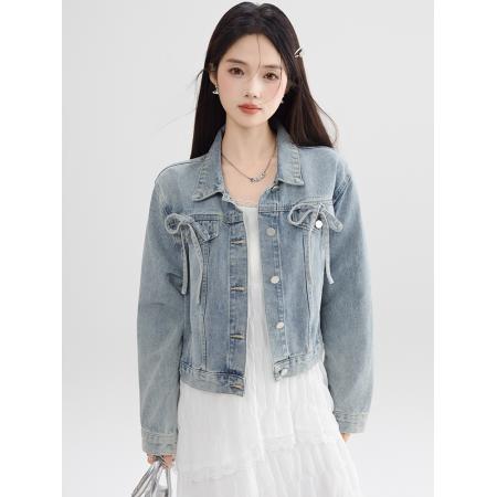 FA53996# 蓝色蝴蝶结牛仔短外套女春秋款设计感百搭上衣夹克 服裝批發女裝批發服飾貨源