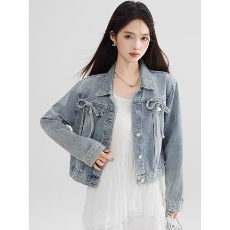 FA53996# 蓝色蝴蝶结牛仔短外套女春秋款设计感百搭上衣夹克 服裝批發女裝批發服飾貨源