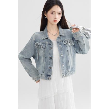 FA53996# 蓝色蝴蝶结牛仔短外套女春秋款设计感百搭上衣夹克 服裝批發女裝批發服飾貨源