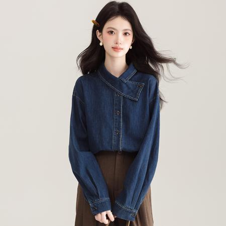 FA53997# 法式新款气质正肩牛仔衬衫女设计感小众别致上衣复古叠穿衬衣 服裝批發女裝批發服飾貨源