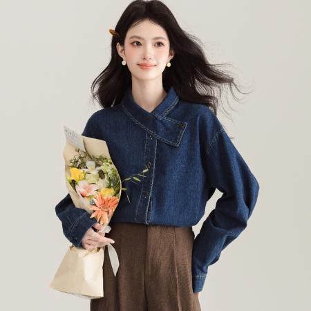 FA53997# 法式新款气质正肩牛仔衬衫女设计感小众别致上衣复古叠穿衬衣 服裝批發女裝批發服飾貨源
