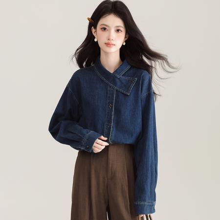 FA53997# 法式新款气质正肩牛仔衬衫女设计感小众别致上衣复古叠穿衬衣 服裝批發女裝批發服飾貨源