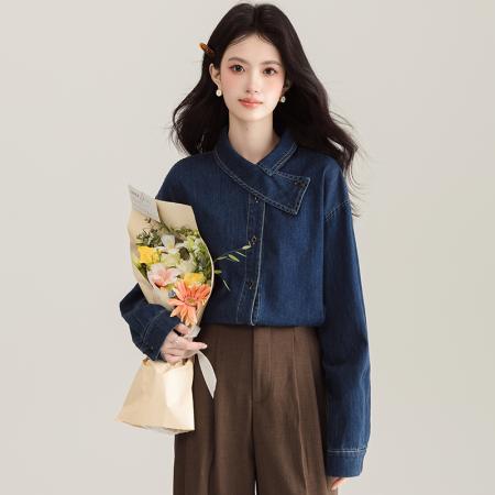 FA53997# 法式新款气质正肩牛仔衬衫女设计感小众别致上衣复古叠穿衬衣 服裝批發女裝批發服飾貨源