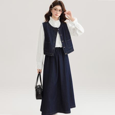 FA53998# 早春女新款小个子盐系穿搭微胖减龄牛仔马甲连衣裙子套装 服裝批發女裝批發服飾貨源