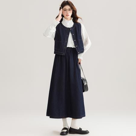 FA53998# 早春女新款小个子盐系穿搭微胖减龄牛仔马甲连衣裙子套装 服裝批發女裝批發服飾貨源