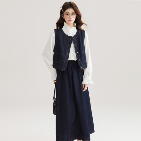 FA53998# 早春女新款小个子盐系穿搭微胖减龄牛仔马甲连衣裙子套装 服裝批發女裝批發服飾貨源