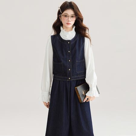 FA53998# 早春女新款小个子盐系穿搭微胖减龄牛仔马甲连衣裙子套装 服裝批發女裝批發服飾貨源