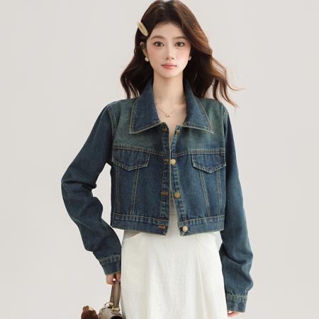 FA53999# 小个子短款牛仔外套女春秋季新款高级感复古翻领休闲上衣 服裝批發女裝批發服飾貨源