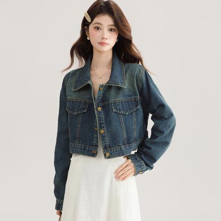 FA53999# 小个子短款牛仔外套女春秋季新款高级感复古翻领休闲上衣 服裝批發女裝批發服飾貨源