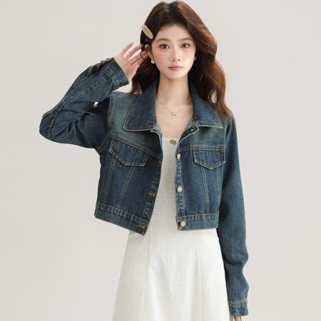 FA53999# 小个子短款牛仔外套女春秋季新款高级感复古翻领休闲上衣 服裝批發女裝批發服飾貨源