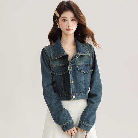 FA53999# 小个子短款牛仔外套女春秋季新款高级感复古翻领休闲上衣 服裝批發女裝批發服飾貨源