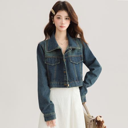 FA53999# 小个子短款牛仔外套女春秋季新款高级感复古翻领休闲上衣 服裝批發女裝批發服飾貨源