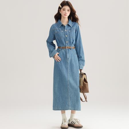 FA54000# 春装新款牛仔裙连衣裙后开叉女直筒裙气质收腰显瘦长裙子 服裝批發女裝批發服飾貨源