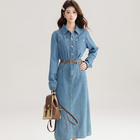 FA54000# 春装新款牛仔裙连衣裙后开叉女直筒裙气质收腰显瘦长裙子 服裝批發女裝批發服飾貨源