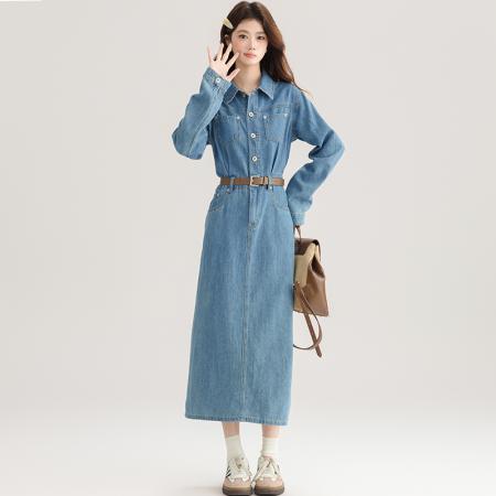 FA54000# 春装新款牛仔裙连衣裙后开叉女直筒裙气质收腰显瘦长裙子 服裝批發女裝批發服飾貨源