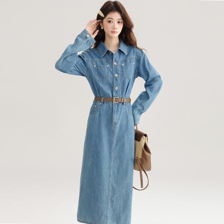 FA54000# 春装新款牛仔裙连衣裙后开叉女直筒裙气质收腰显瘦长裙子 服裝批發女裝批發服飾貨源