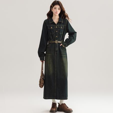 FA54001# 港风复古牛仔连衣裙女夏季新款高级感气质收腰显瘦开叉长裙 服裝批發女裝批發服飾貨源