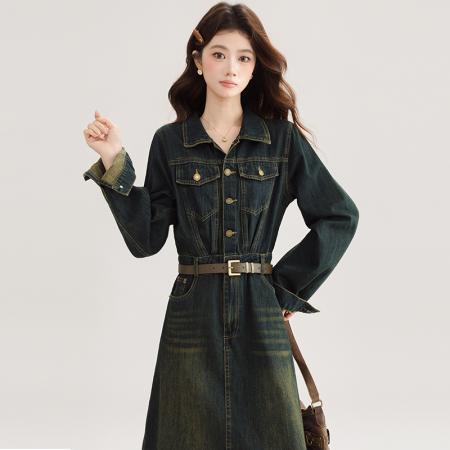 FA54001# 港风复古牛仔连衣裙女夏季新款高级感气质收腰显瘦开叉长裙 服裝批發女裝批發服飾貨源