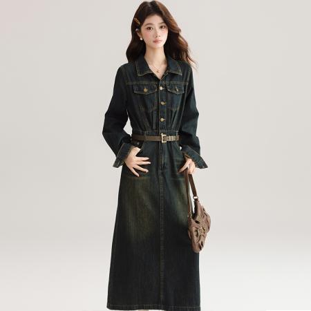 FA54001# 港风复古牛仔连衣裙女夏季新款高级感气质收腰显瘦开叉长裙 服裝批發女裝批發服飾貨源
