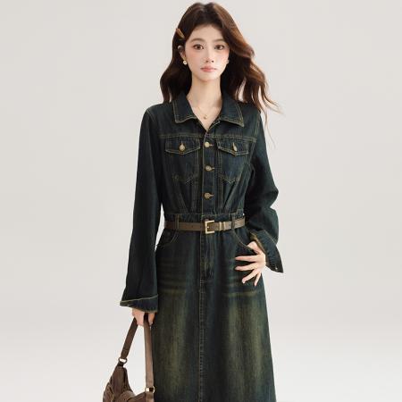 FA54001# 港风复古牛仔连衣裙女夏季新款高级感气质收腰显瘦开叉长裙 服裝批發女裝批發服飾貨源