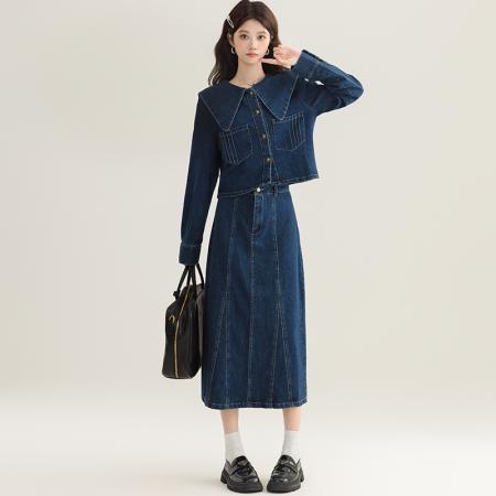 FA54002# 娃娃领牛仔半身长裙子套装女早春秋穿搭新款时尚两件套 服裝批發女裝批發服飾貨源