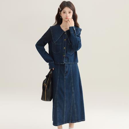 FA54002# 娃娃领牛仔半身长裙子套装女早春秋穿搭新款时尚两件套 服裝批發女裝批發服飾貨源