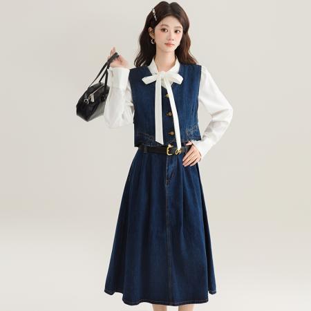 FA54003# 复古牛仔马甲套装女春新款韩版轻熟风设计感半身裙两件套 服裝批發女裝批發服飾貨源