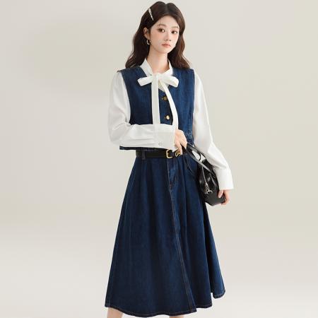 FA54003# 复古牛仔马甲套装女春新款韩版轻熟风设计感半身裙两件套 服裝批發女裝批發服飾貨源