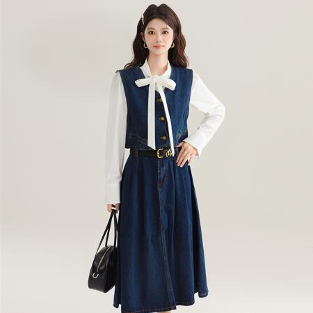 FA54003# 复古牛仔马甲套装女春新款韩版轻熟风设计感半身裙两件套 服裝批發女裝批發服飾貨源