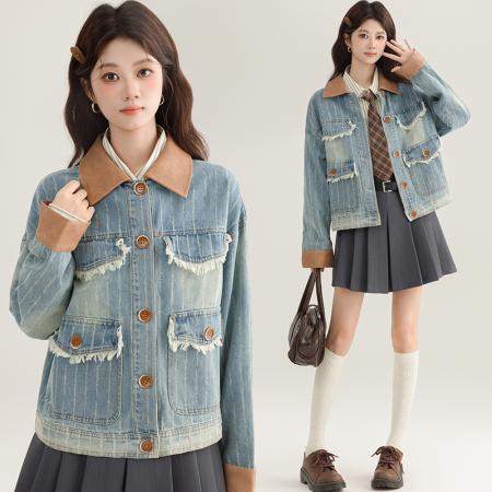 FA54004# 春秋设计复古水洗做旧纹理拼皮牛仔夹克翻领宽松休闲外套 服裝批發女裝批發服飾貨源