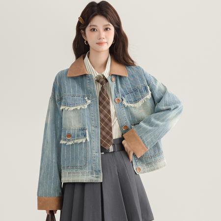 FA54004# 春秋设计复古水洗做旧纹理拼皮牛仔夹克翻领宽松休闲外套 服裝批發女裝批發服飾貨源