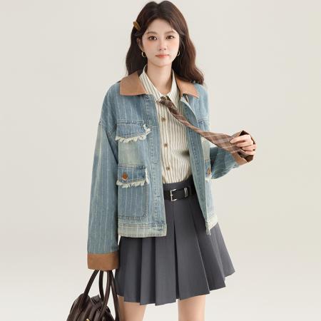 FA54004# 春秋设计复古水洗做旧纹理拼皮牛仔夹克翻领宽松休闲外套 服裝批發女裝批發服飾貨源