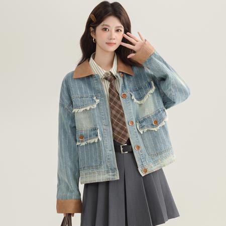 FA54004# 春秋设计复古水洗做旧纹理拼皮牛仔夹克翻领宽松休闲外套 服裝批發女裝批發服飾貨源