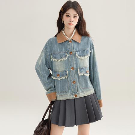 FA54004# 春秋设计复古水洗做旧纹理拼皮牛仔夹克翻领宽松休闲外套 服裝批發女裝批發服飾貨源