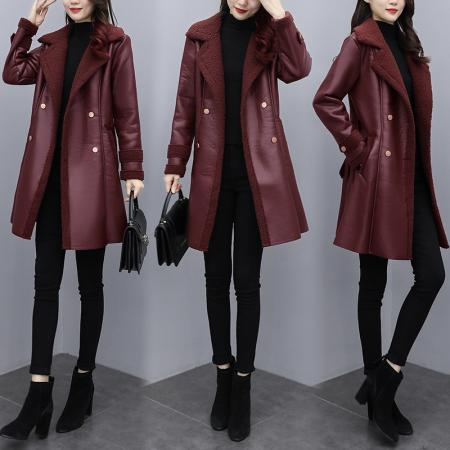 FA54007# 大码女装皮毛一体皮衣秋冬新款洋气宽松系带休闲加厚皮外套冬 服裝批發女裝批發服飾貨源