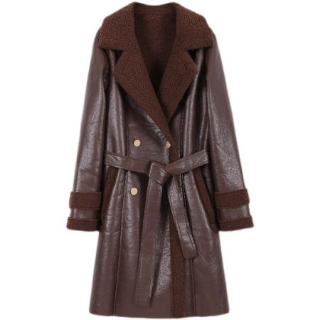 FA54007# 大码女装皮毛一体皮衣秋冬新款洋气宽松系带休闲加厚皮外套冬 服裝批發女裝批發服飾貨源