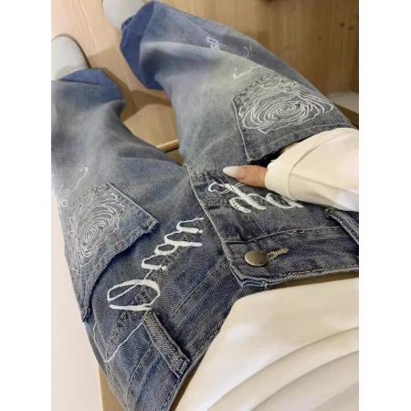 FA54008# 蓝色水洗花卉字母刺绣牛仔裤轻奢小众炸街裤子美式宽松直筒弯刀裤 服裝批發女裝批發服飾貨源