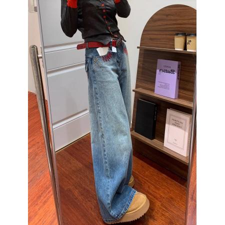 FA54009# 美式复古刺绣钉珠牛仔裤女春秋新款重工水洗宽松显瘦直筒裤子 服裝批發女裝批發服飾貨源