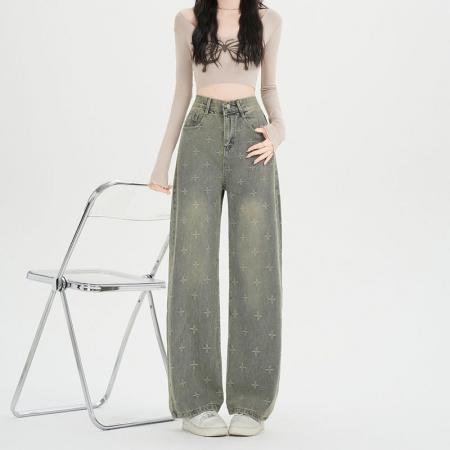 FA54010# 复古十字星阔腿牛仔裤女春季新款高腰宽松显瘦直筒裤子 服裝批發女裝批發服飾貨源