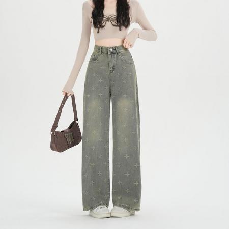 FA54010# 复古十字星阔腿牛仔裤女春季新款高腰宽松显瘦直筒裤子 服裝批發女裝批發服飾貨源