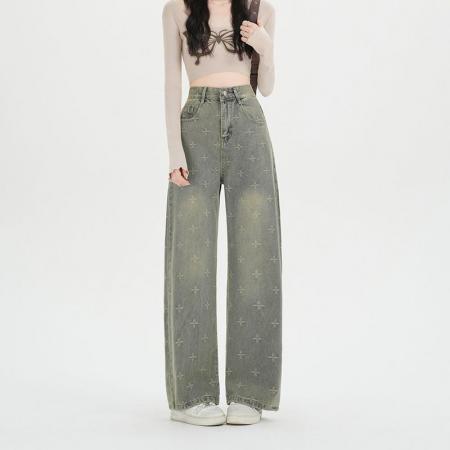 FA54010# 复古十字星阔腿牛仔裤女春季新款高腰宽松显瘦直筒裤子 服裝批發女裝批發服飾貨源