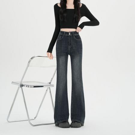 FA54011# 美式复古双扣微喇叭牛仔裤女春季新款高腰显瘦马蹄裤子 服裝批發女裝批發服飾貨源