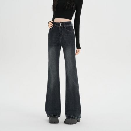 FA54011# 美式复古双扣微喇叭牛仔裤女春季新款高腰显瘦马蹄裤子 服裝批發女裝批發服飾貨源