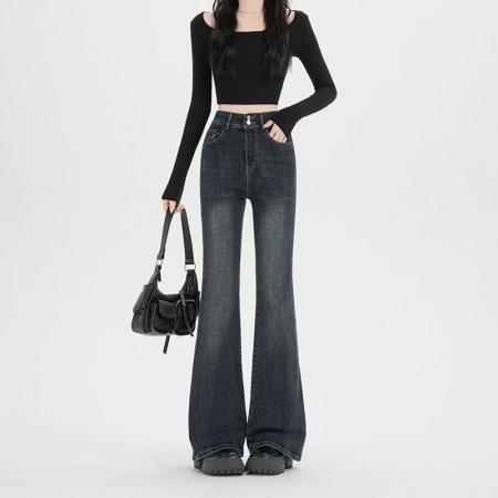 FA54011# 美式复古双扣微喇叭牛仔裤女春季新款高腰显瘦马蹄裤子 服裝批發女裝批發服飾貨源