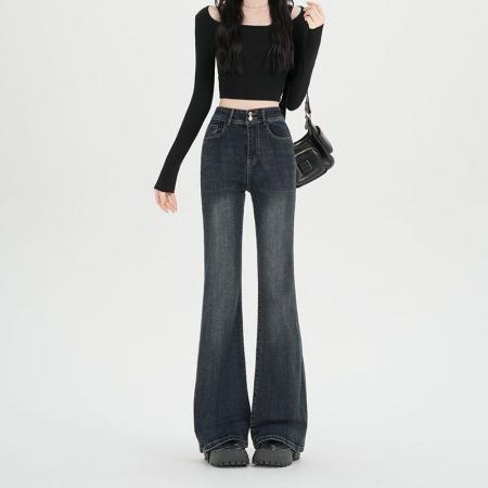 FA54011# 美式复古双扣微喇叭牛仔裤女春季新款高腰显瘦马蹄裤子 服裝批發女裝批發服飾貨源