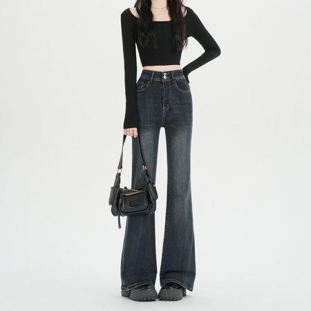 FA54011# 美式复古双扣微喇叭牛仔裤女春季新款高腰显瘦马蹄裤子 服裝批發女裝批發服飾貨源