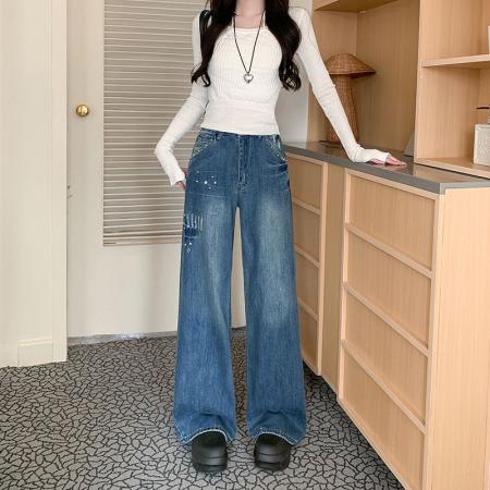 FA54013# 美式复古铆钉水洗闪电直筒牛仔裤女做旧设计感阔腿长裤 服裝批發女裝批發服飾貨源