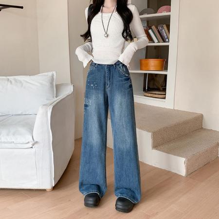 FA54013# 美式复古铆钉水洗闪电直筒牛仔裤女做旧设计感阔腿长裤 服裝批發女裝批發服飾貨源