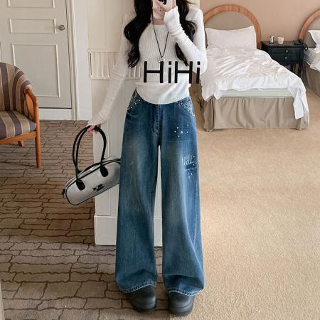 FA54013# 美式复古铆钉水洗闪电直筒牛仔裤女做旧设计感阔腿长裤 服裝批發女裝批發服飾貨源